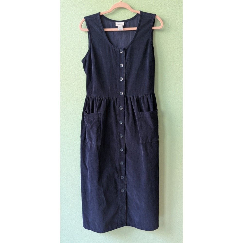 Vermont Country Store Navy Corduroy Button Front Midi Jumper Dress Lagenlook L